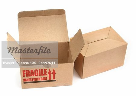 two cardboard boxes againt white background, minimal shadow among, photo does not infringe any copyright