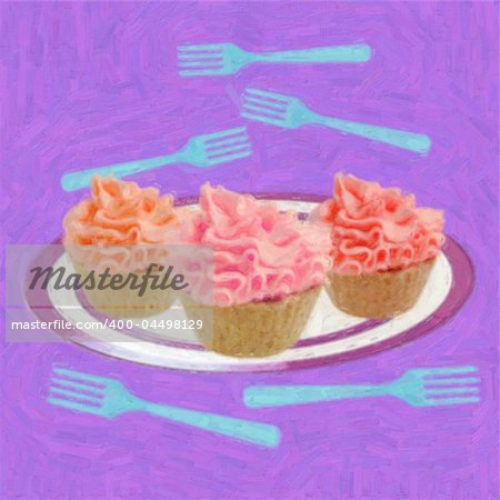 Painting of three cupcakes on a plate with forks all around