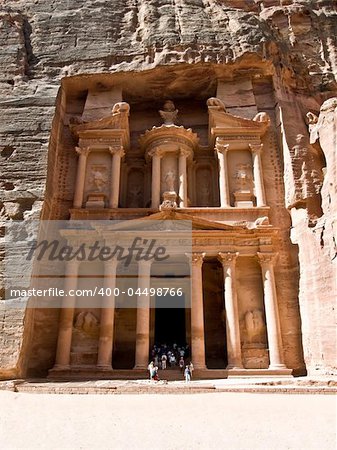 Treasury temple detail of Nabatean temple or tomb in UNESCO town Petra (Al Khazneh), Jordan. Siq canyon.