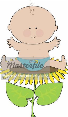 Baby boy in a diaper sitting on a sunflower