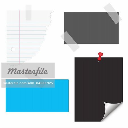 Vector - Cards, ripped paper, adhesive tape and pin. Stationery set.