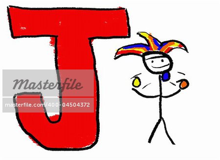 A childlike drawing of the letter J, with a stick Jester Juggling