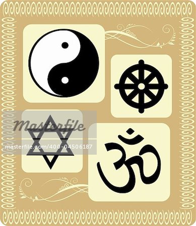 Illustration of various religious symbols in floral background