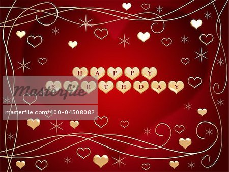 3d golden hearts, red letters, text - happy birthday, flowers, stars