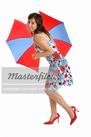 Portrait of a young happy woman posing with an umbrella (isolated on white)