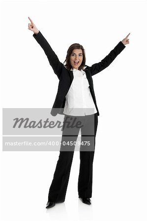 Full body portrait of happy beautiful business woman isolated on white