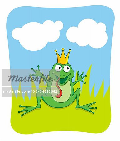 Vector cartoon of a prince frog waving to be kissed