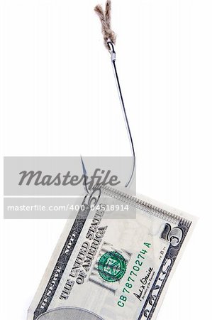 fishing hook and five dollars isoladet on white