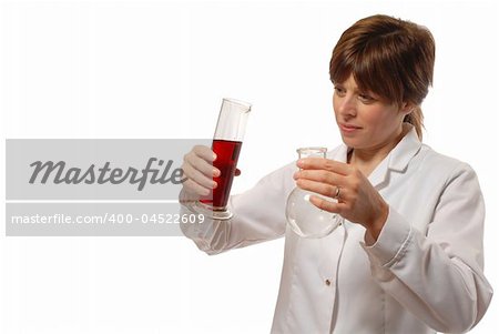 cute young lady scientist in white coat, holding flask and red liquid, isolated on white
