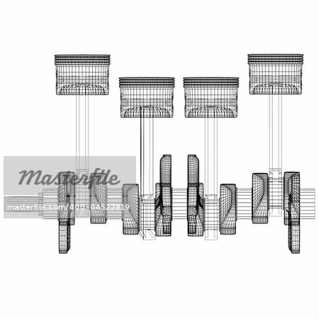 3d pistons and crankshaft of engine on white background