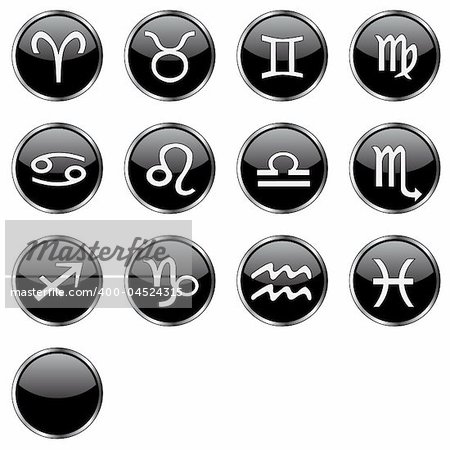 Web zodiac icon set  (13 black buttons: aries, taurus, gemini, cancer, leo, virgo, libra, scorpio, dagittarius, capricorn, aquarius, pisces, blank)