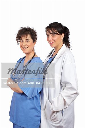 Two female doctors isolated on white background