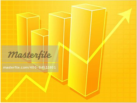 Three-d barchart and upwards line graph financial diagram illustration over square grid