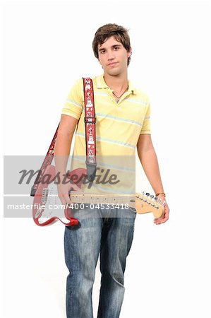 Portrait of young fresh guitarist posing isolated
