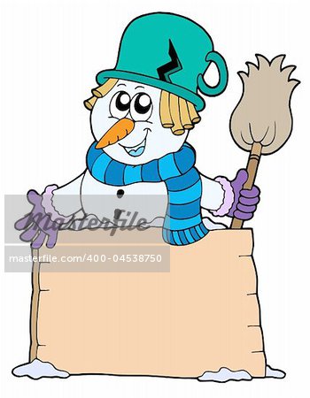 Snowman with sign and broom - vector illustration.