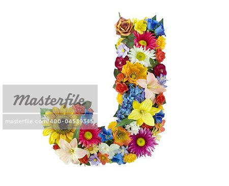 Letter J made of flowers isolated on white background