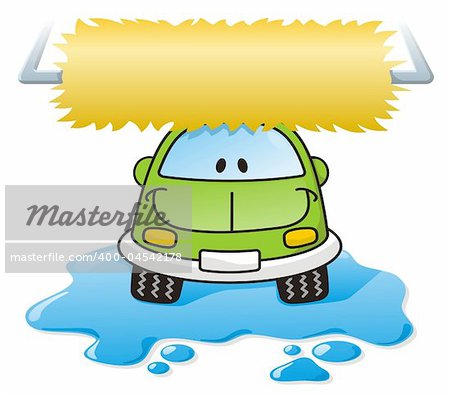 Cartoon car washing with roller brush and water splash