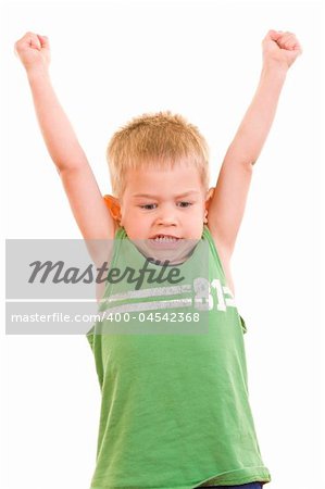 A gorgeous little cute three year old with his arms in the air and a cute facial expression, isolated on white.