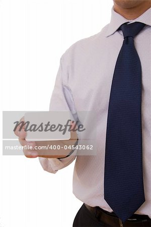 Business man holding a card with space for text