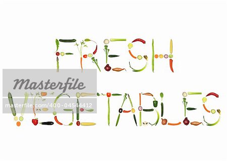 Vegetable selection spelling the words fresh vegetables, over white background.