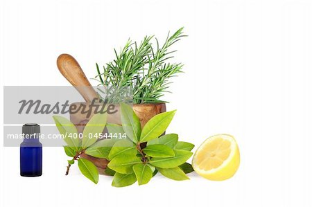 Fresh herb selection of rosemary, bay leaves and half a lemon with essential oil blue glass aromatherapy bottle and an olive wood pestle and mortar to the rear, over white background.
