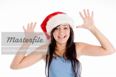 smiling young girl showing her palms on  an isolated white background
