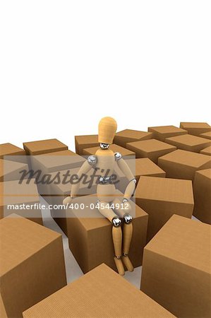 Wooden mannequin sitting on moving box, surrounded by lots of other boxes