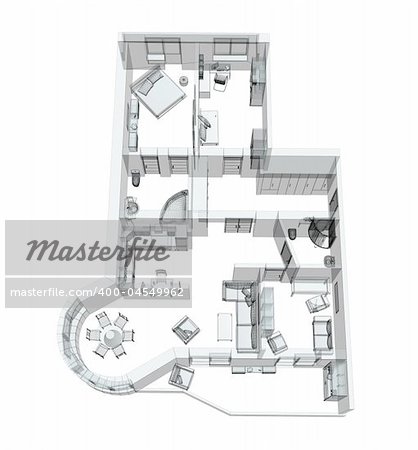 3d sketch of a four-room apartment. Object over white