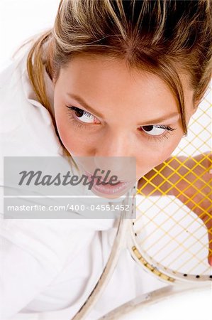 high angle view of tennis player holding racket on an isolated white background