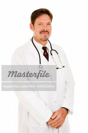 Portrait of a friendly handsome doctor in his lab coat.  Isolated on white.