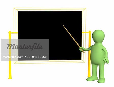 3d teacher - puppet, worth at a board with pick. Objects over white