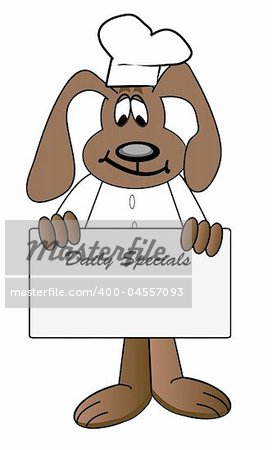 cartoon of dog chef holding daily specials menu sign