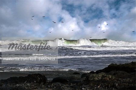 a storm tidal wave on the west coast of ireland near ballybunion