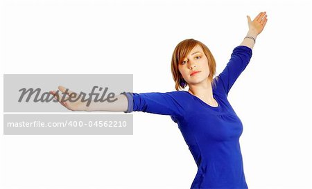 attractive young woman with arms wide open isolated over white