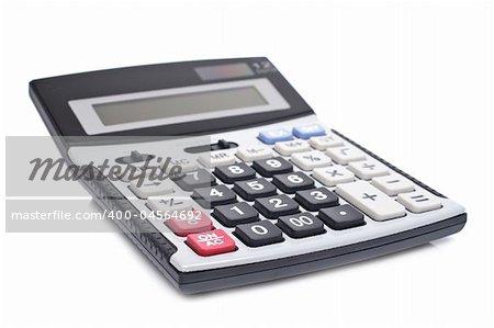 Calculator with soft shadow on white background. Shallow depth of field