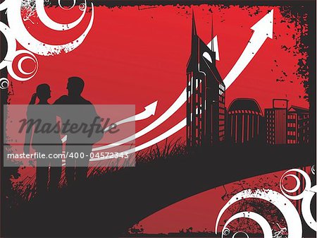 city background of arrows and silhouette couple, wallpaper