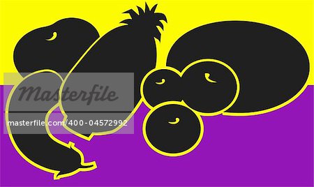 Illustration of silhouette of group of vegetables in display