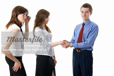 Signs on respect. The union of young business man and business women. Isolated over white