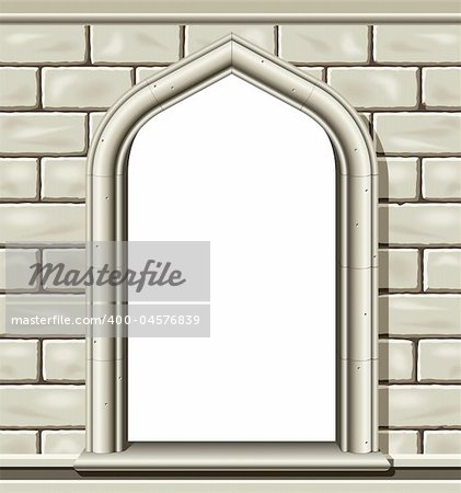 Illustration of an ancient arched window in a cut stone wall, suitable as a frame or border.