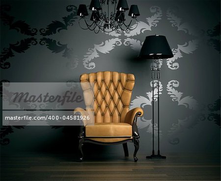 3D interior scene with classic armchair and lamp
