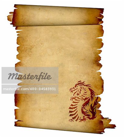 Sheet of ancient parchment with the image of dragon