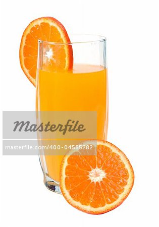 A tall glass of fresh orange juice, isolated against a white background