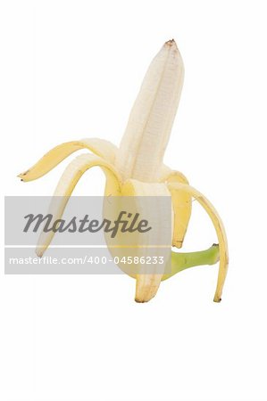 peeled banana against a white background