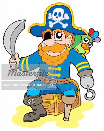 Pirate sitting on treasure chest - vector illustration.