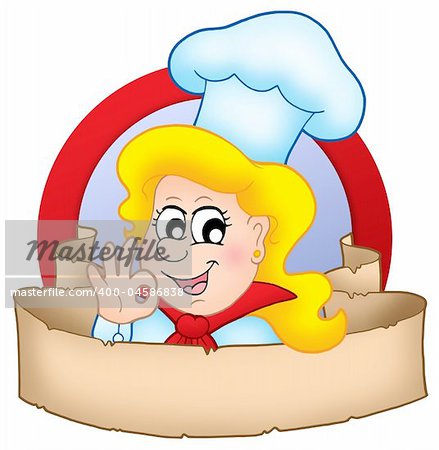Cartoon chef woman logo with banner - color illustration.