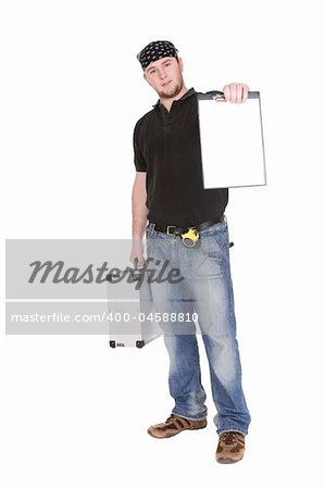 workman with tools over white background