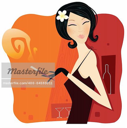 Young woman holding smoking cigar. Vector Illustration. Vintage portrait with retro feeling of 1920s style. Ai, eps included.