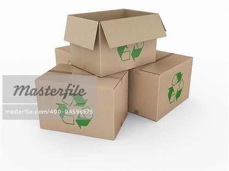 3d rendering of a cardboard boxes with a recycling logo.