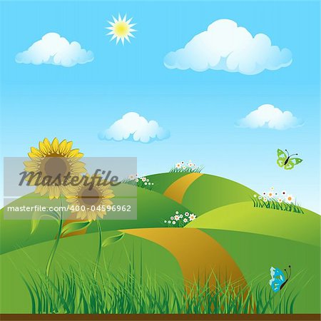 Meadow green, summer, sunflowers and butterflies. Available as a .jpg or vector file.