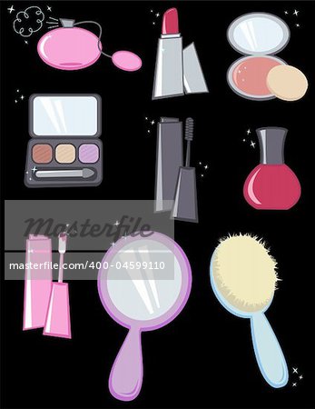 These are vector illustrations of a variety of cosmetics - the black background is on it's own layer for easy removal and editing.
